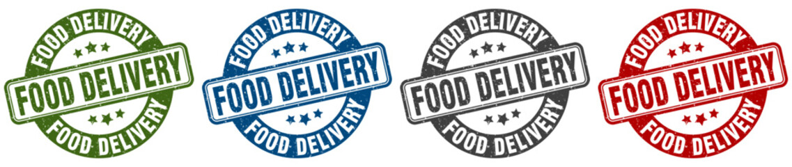 food delivery stamp. food delivery round stamp set isolated on white background