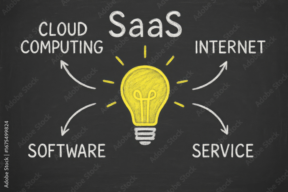 Poster saas concept diagram with light bulb and connecting words on blackboard saas software as a service