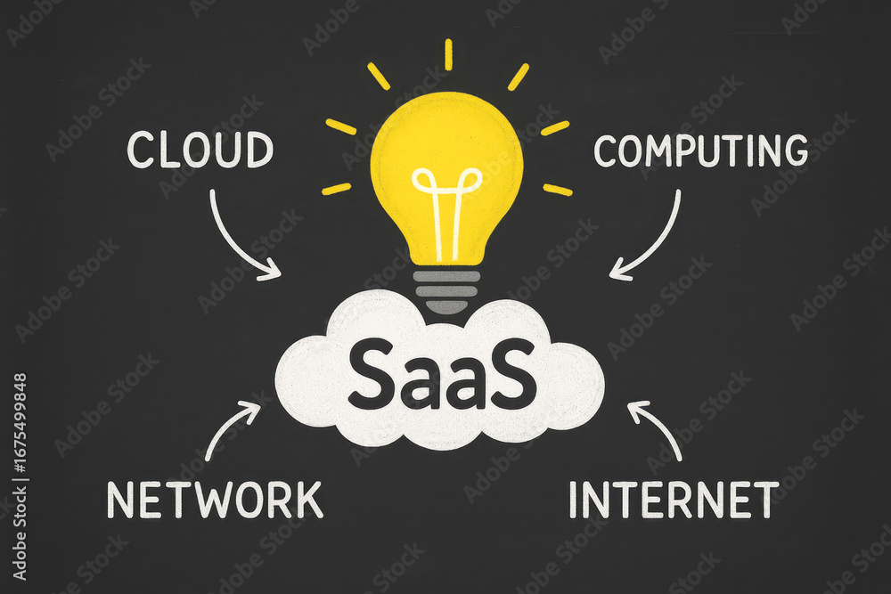 Poster saas concept diagram with light bulb cloud and connecting words on blackboard saas software as a ser