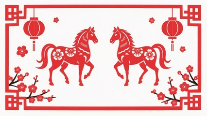 Chinese paper cut horses with lanterns and flowers