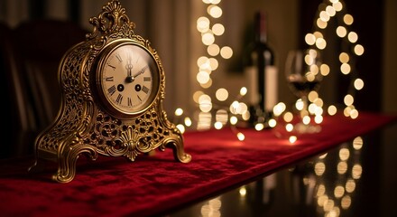 Gilded Vintage Clock Nearing Midnight on a Crimson Runner with Sparkling Bokeh Lights.