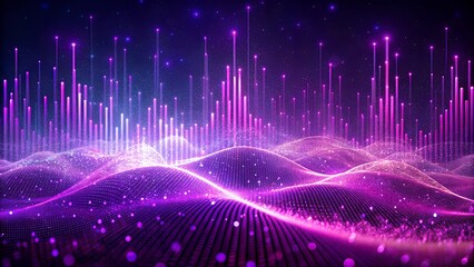 Abstract digital landscape with glowing purple particles and light beams, representing data flow, network connections, and futuristic technology in a dark, vibrant atmosphere