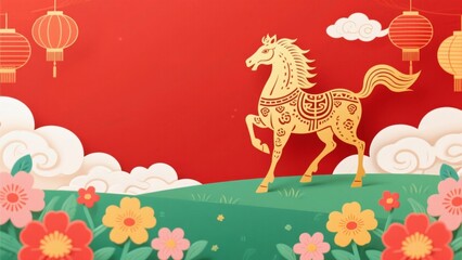 Obraz premium Golden horse with red background and flowers