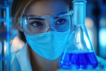 Female scientist wearing protective eyewear and face mask examining a conical flask with blue liquid in a laboratory setting