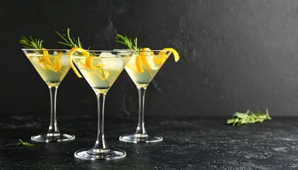 Three martini cocktails garnished with rosemary and orange peel