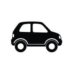 Simple silhouette icon of a small compact car in black on a white background representing transportation and mobility