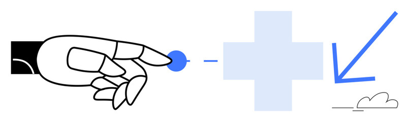 Fototapeta premium Robotic hand interacts with a digital element alongside symbols of healthcare, direction, and growth. Ideal for technology, healthcare, future, connection, strategy, innovation transformation
