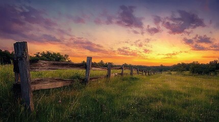 Rustic wooden fence stretching across a lush green field under a vibrant purple and orange sunset sky with scattered clouds and distant treeline