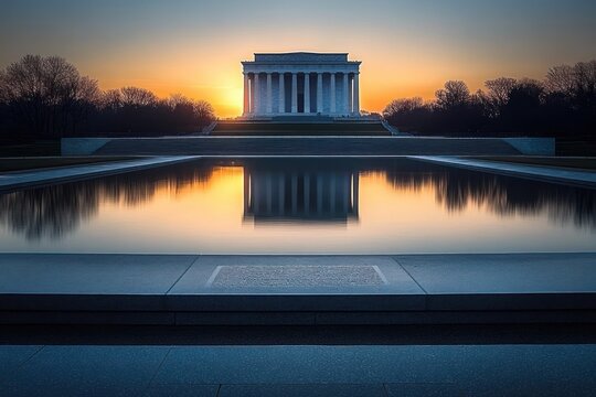 Classical monument with towering columns reflected in a calm rectangular pool during a serene sunset with leafless trees surrounding the structure