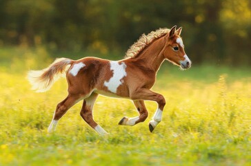 Obraz premium Young brown and white foal running joyfully through a sunlit green meadow with blurred forest background