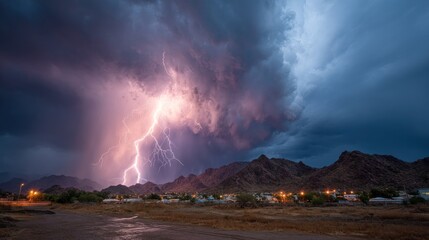 Fototapeta premium A dramatic capture of a lightning strike over a mountainous landscape at dusk