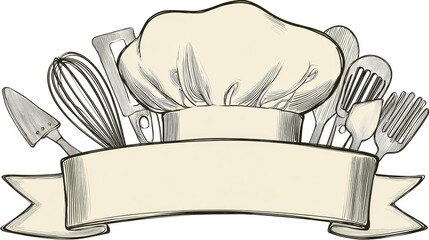 Logoa chef's hat with whips and kitchen utensils on it, with a banner ribbon around the bottom of the design. --chaos 40 --ar 16:9 --profile 2uzred9 --v 7 Job ID: 186c147c-243c-4691-994d-b383c49b7651