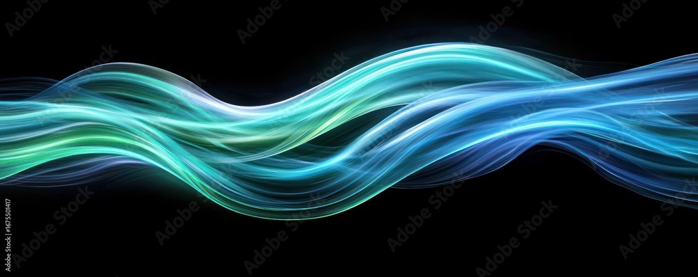 Poster abstract flowing waves of blue, teal, and green light smoothly intertwine over a black background cr