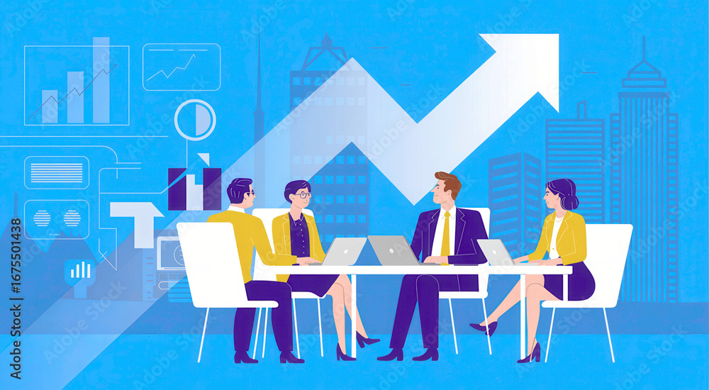 Poster diverse team collaborates on growth strategy with data visualization and upward arrow symbolizing su