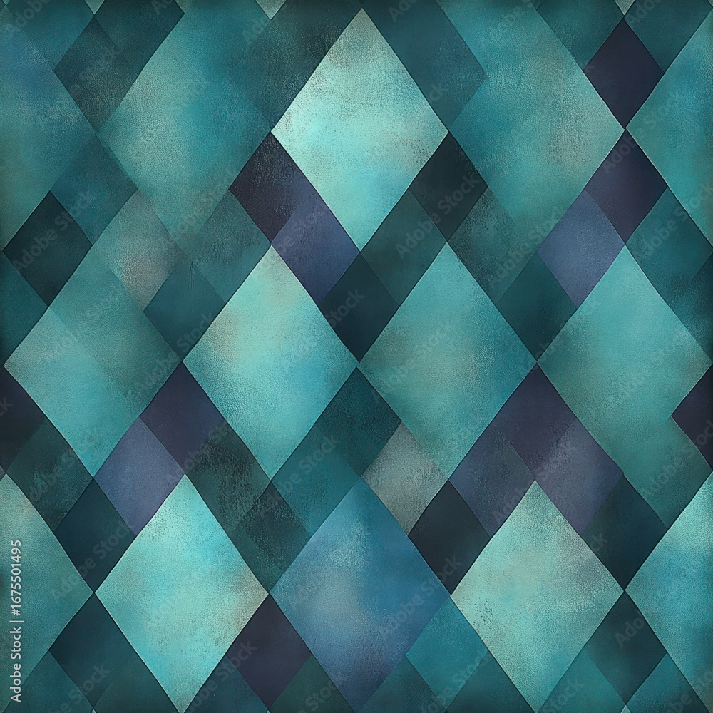 Poster abstract geometric pattern composed of overlapping diamond shapes in varying shades of blue and teal