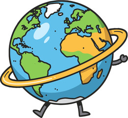 Cartoon Earth Globe Character Walking Planet with Orbit Ring Fun Concept