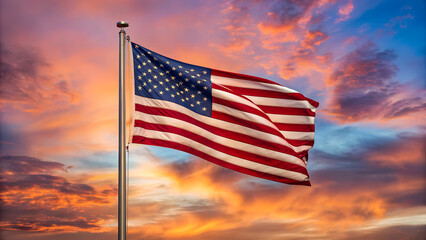 American flag waving against a vibrant sunset sky with clouds and a metal flagpole visible in the image