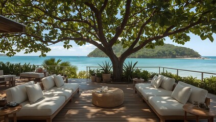 Cozy tropical terrace by the sea with island view