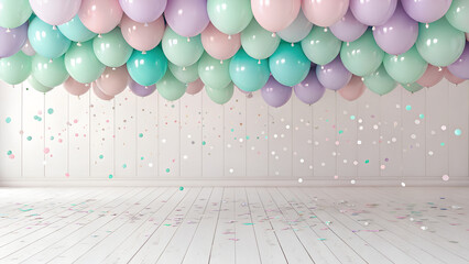 Ceiling covered in pastel balloons with confetti falling onto a white wooden floor