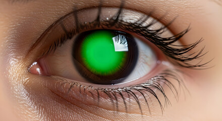 Macro photo of a detailed human eye with a glowing green iris, symbolizing futuristic technology and artificial intelligence