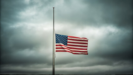American flag at half staff against a cloudy sky evoking solemnity and national mourning displayed outdoors