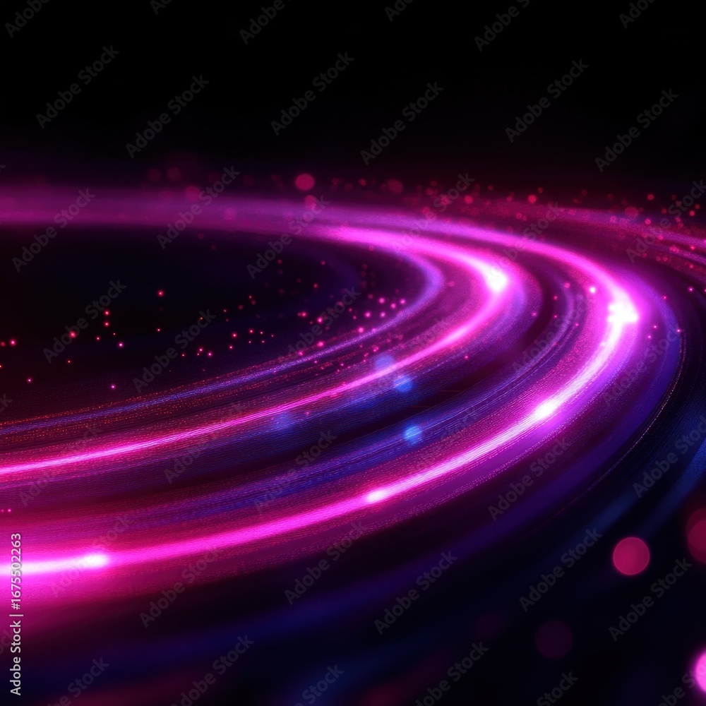 Poster dynamic glowing neon pink and purple curved light trails with small sparkling particles on a dark ba