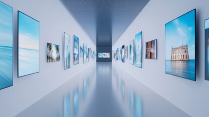 Fototapeta premium Art Gallery Hallway with Displayed Pictures, Art ,Modern