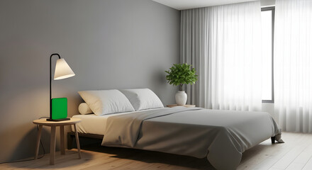 Cozy minimalist bedroom interior featuring a gray color scheme, wooden accents, and soft ambient lighting for a relaxing atmosphere