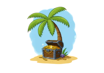 Wandcirkels Piraten Tropical Treasure:  Palm Tree, Pirate Chest, Island Scene -  Cartoon Illustration isolated on transparent background  © Mia