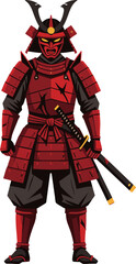 Obraz premium Red Samurai Warrior Armor Standing With Katana Sword