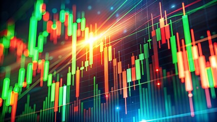 Abstract glowing financial stock market candlestick chart with upward trend and bright light flare in a futuristic digital data visualization