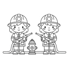 Vector illustration of two cute firefighters with water hose and hydrant