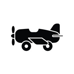 Simple silhouette of a vintage biplane aircraft with propeller and wheels on a white background