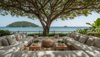 Cozy tropical terrace by the sea with island view