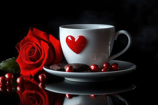 white cup with a red heart on the side placed on a saucer with chocolates and red beads next to a vibrant red rose on a reflective black surface evoking romantic and elegant mood - Powered by Adobe