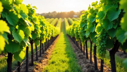 Fototapeta premium Lush green winery bush thriving amidst rows of grapevines, bathed in the warm sunlight of a vineyard Perfect for illustrating wine country, viticulture, or agricultural themes , grapes, landscape