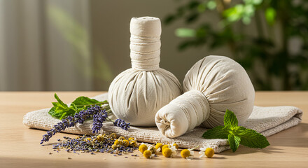 Cotton herbal compress pouches with dried lavender, peppermint, chamomile, natural spa therapy tools