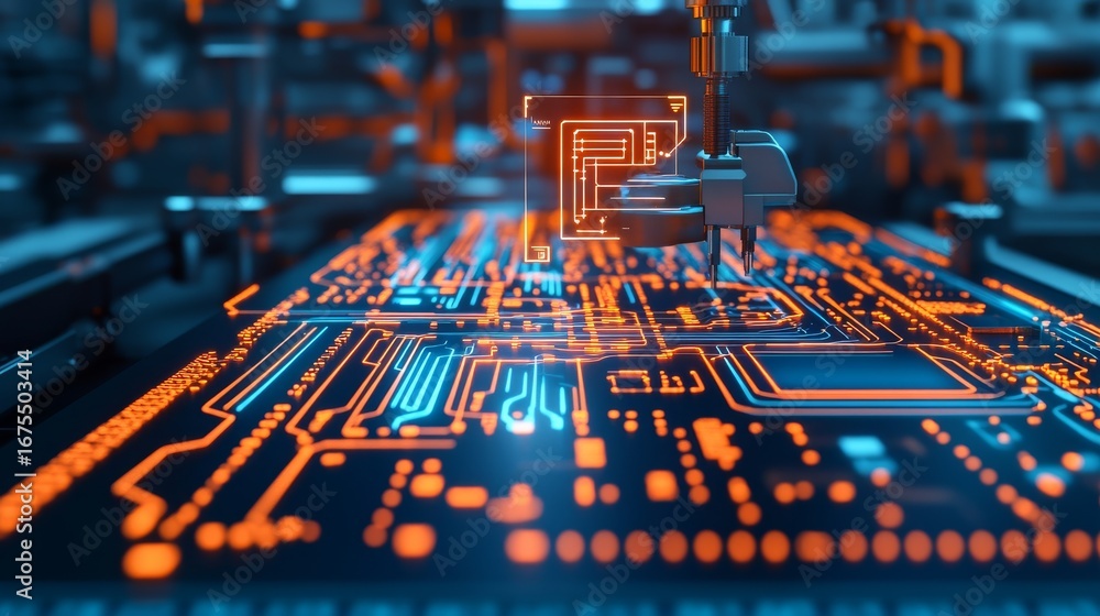 Poster circuit board assembly automated robotics and schematic overlay, technology, engineering