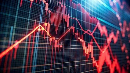 Detailed view of a red financial stock market candlestick chart showing a downward trend with grid lines and a bright red line graph