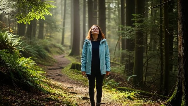 Woman enjoys the smell of forest, breathing fresh air in green environment, surrounded by tall trees and lush plants. Woman enjoys the smell of forest, as she inhales deeply
