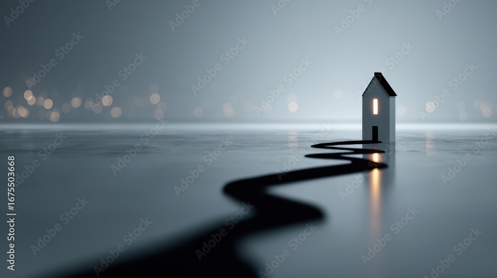 Poster a minimalist scene featuring a house with a winding path, illuminated by soft bokeh lights in the ba