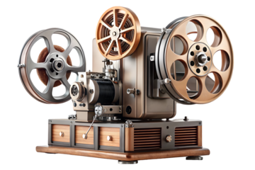 Retro cinema projector with movie reels 3d rendering isolated on transparent background