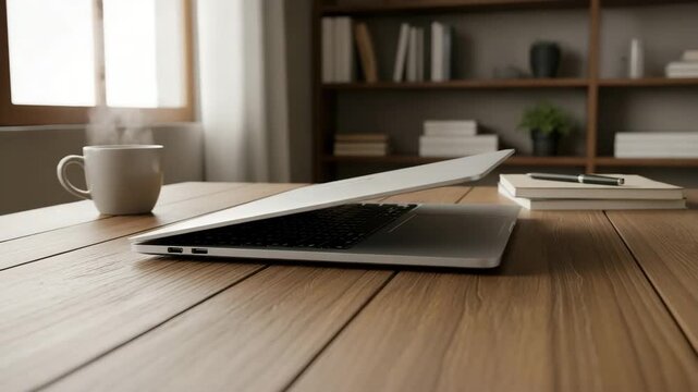 Laptop on desk with mug and books in home office, a comfortable setup. Laptop displays ergonomic keyboard, with organized books on shelf, and mug for focus.