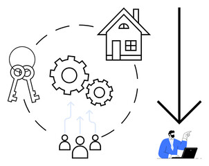 Keys, house, gears, team icons arranged around dotted circle with downward arrow. Man working on laptop at the bottom. Ideal for real estate, teamwork, home buying, planning process management