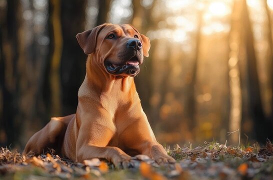 Alert and calm brown dog lying on dry leaves in a sunlit forest during golden hour