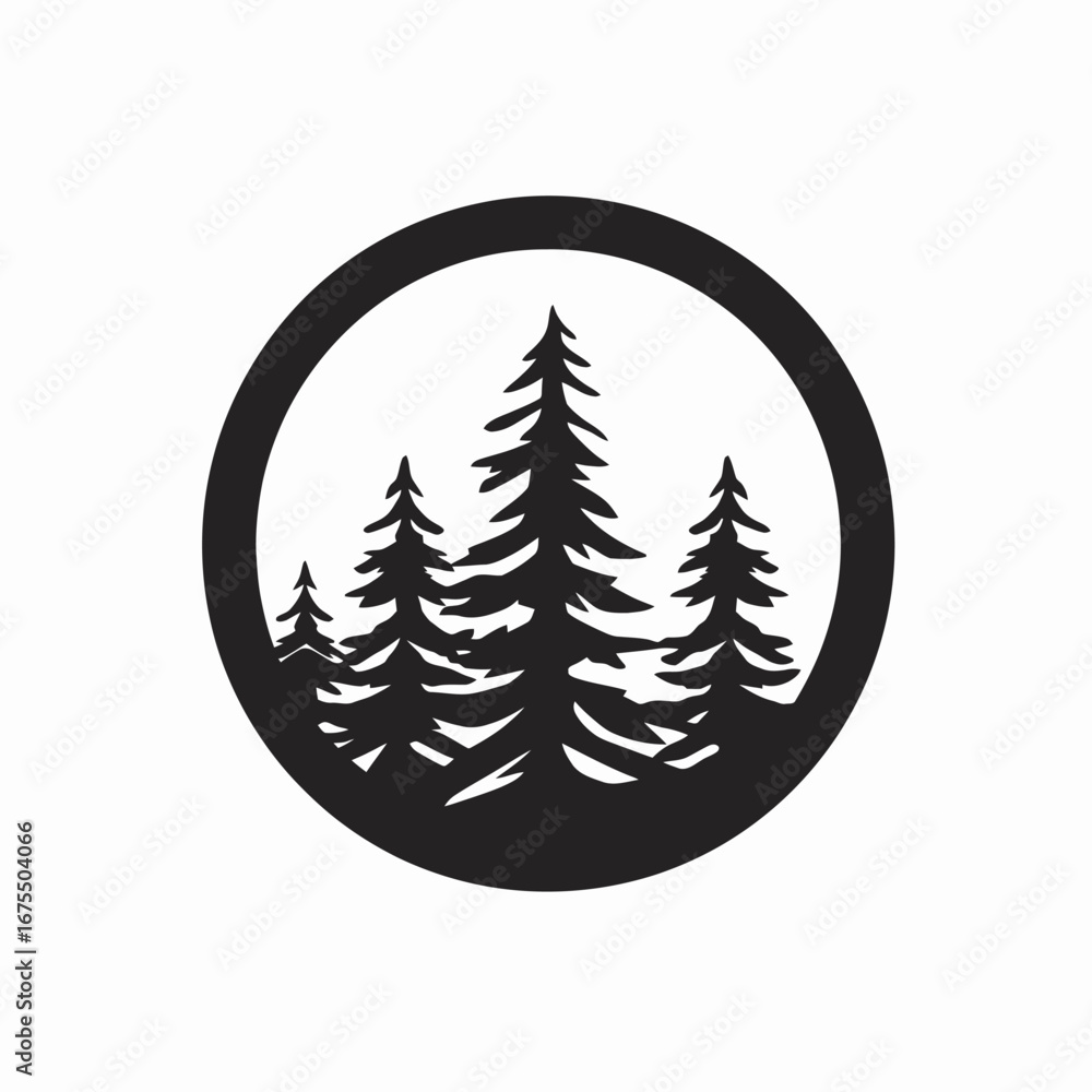 Poster evergreen trees within circular frame creating a forest landscape vector graphic silhouette