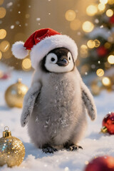 Obraz premium Adorable baby penguin in santa hat among festive christmas ornaments