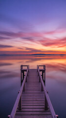 Obraz premium Wooden pier at sunset over calm lake with colorful sky