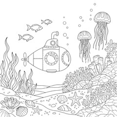 Vector illustration of underwater world with submarine