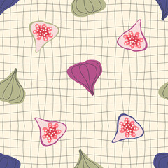 Groovy style figs seamless pattern on grid distorted background. Aesthetic print for fabric, paper, textile. Hand drawn geometric vector illustration.